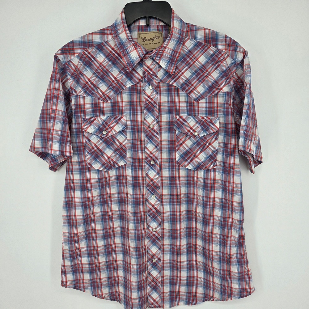 Wrangler Western Shirt Mens Short Sleeve Plaid Pearl Snap Cowboy Red White L